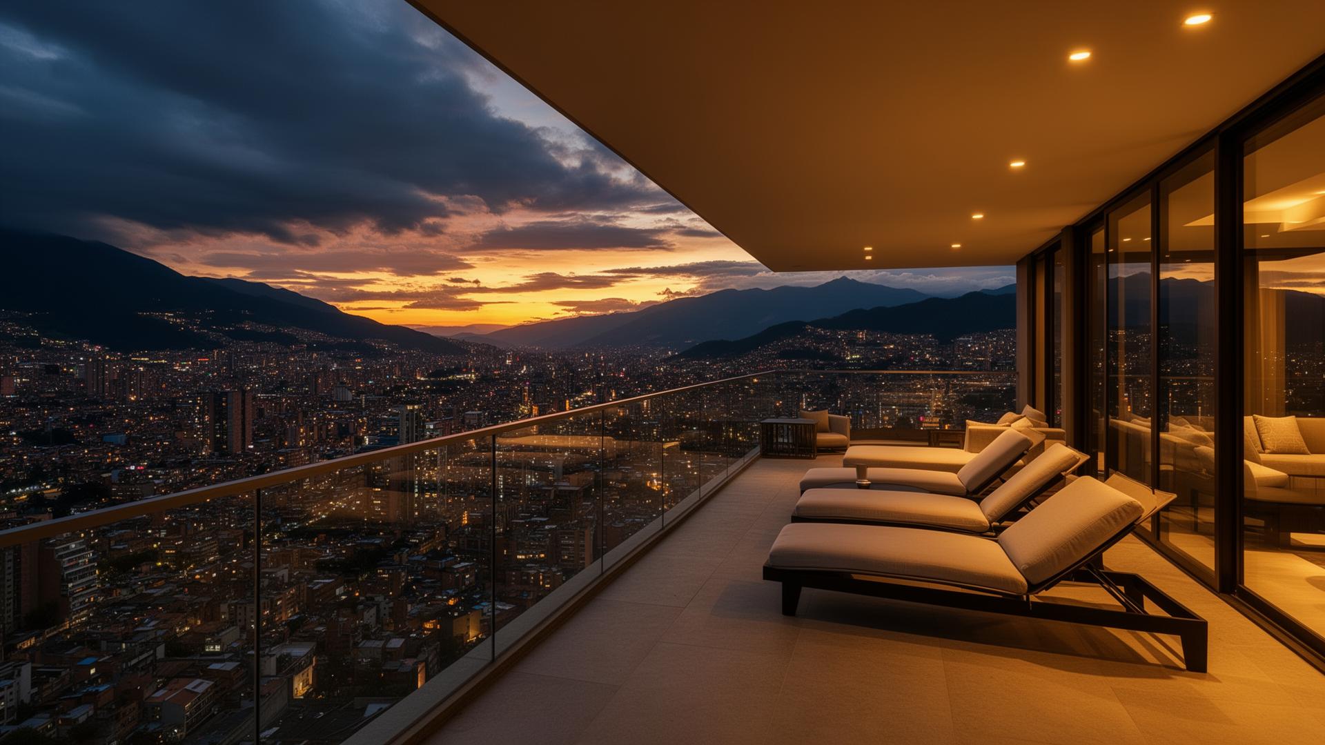 Vista panorámica del penthouse de lujo en El Poblado Medellín con balcón y vista 360 a la ciudad